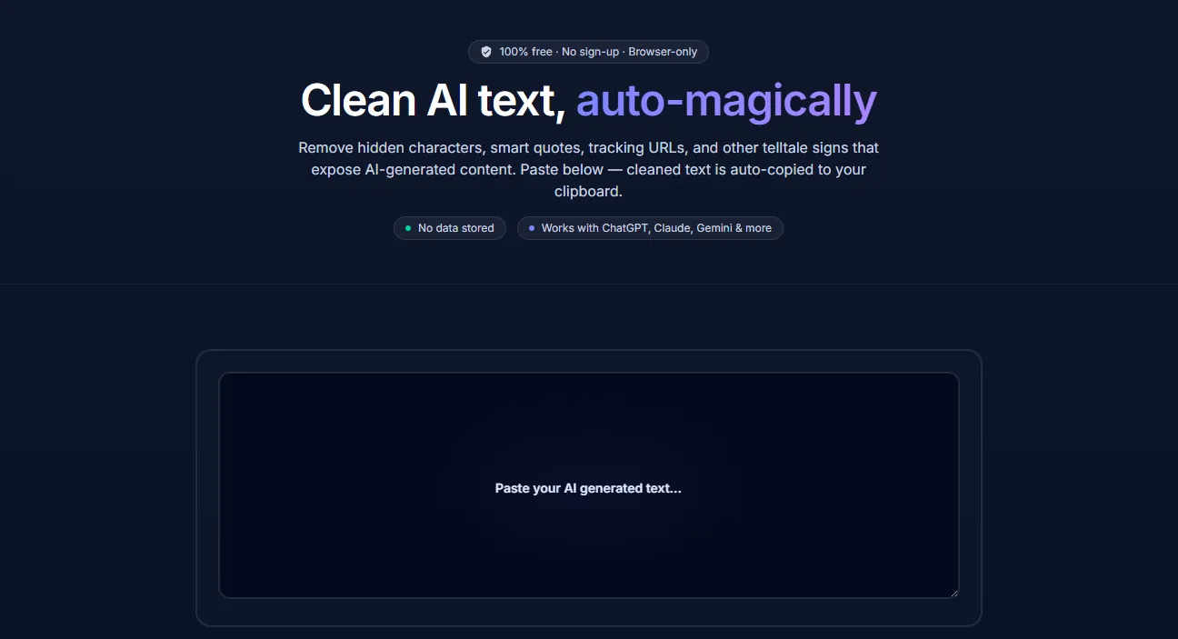 CopyCleanse landing page on a dark theme. Headline: 'Clean AI text, auto-magically' with 'auto-magically' in purple. Subhead: 'Remove hidden characters, smart quotes, tracking URLs, and other telltale signs that expose AI-generated content. Paste below — cleaned text is auto-copied to your clipboard.' Trust pills above the headline ('100% free · No sign-up · Browser-only') and below ('No data stored', 'Works with ChatGPT, Claude, Gemini & more'). A large paste box prompts 'Paste your AI generated text...'.