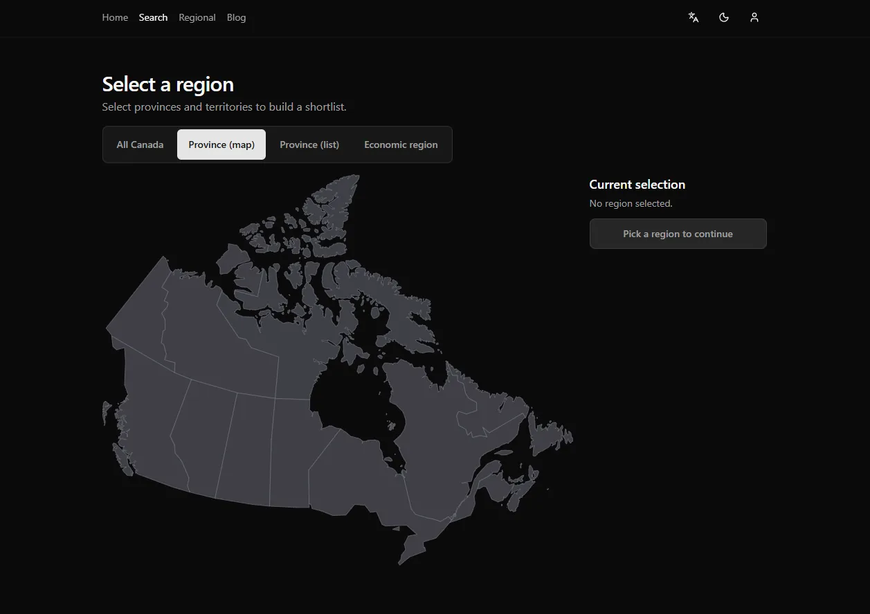 E&EO region selector showing a map of Canada with tabs for All Canada, Province (map), Province (list), and Economic region. The current selection panel prompts the user to pick a region to continue.