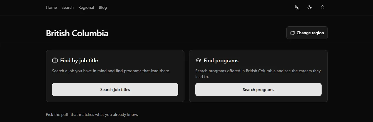 E&EO search-options screen for British Columbia with two cards: 'Find by job title' (search a job and find programs that lead there) and 'Find programs' (search programs offered in British Columbia and see the careers they lead to).