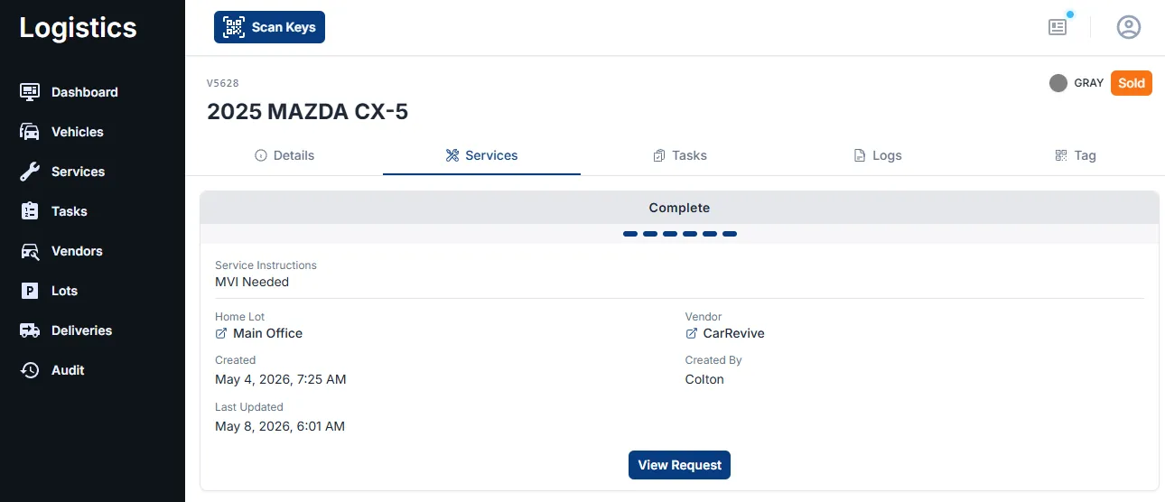 Vehicle Services tab for the same 2025 MAZDA CX-5 showing a service request in Complete state with a stepped progress indicator. Service Instructions: 'MVI Needed'. Home Lot: Main Office. Vendor: CarRevive. Created May 4, 2026 by Colton; Last Updated May 8, 2026. A 'View Request' button at the bottom.